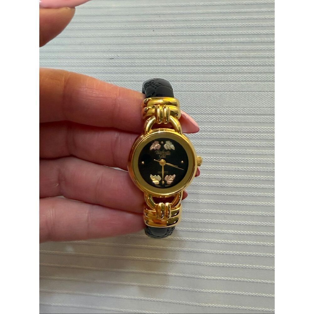 LADIES BLACK HILLS GOLD QUARTZ WRIST WATCH 12K GOLD LEAVES Needs Battery